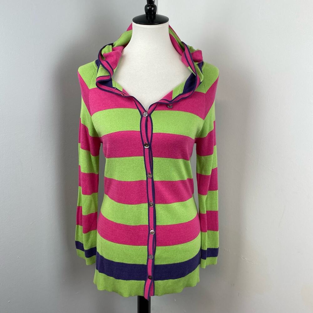 Krimpson Klover Bright Striped Super Soft Button Down Hooded Cardigan Small